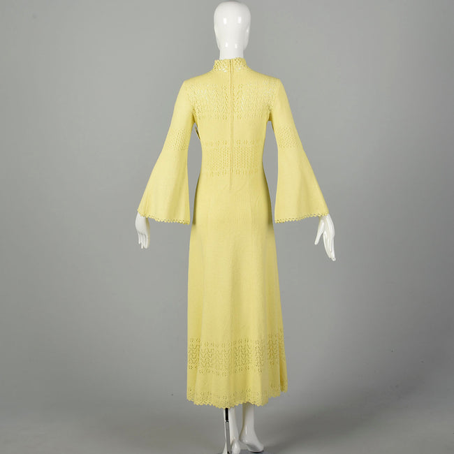 Medium 1970s Boho Dress Hippie Bell Sleeve Sheer Yellow Bohemian Knit
