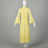Medium 1970s Boho Dress Hippie Bell Sleeve Sheer Yellow Bohemian Knit