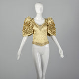 Medium 1980s Metallic Gold Lamé Evening Top with Ruffle Short Sleeves