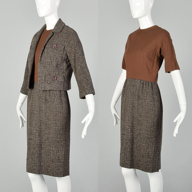 Small Brown Knit and Tweed 1960s Dress Set