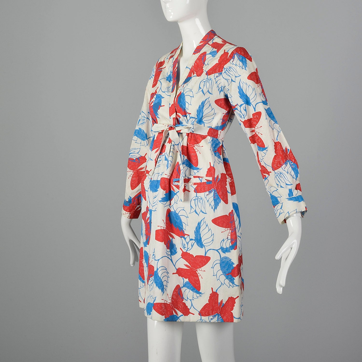 Small 1970s Butterfly Print Dress with Long Sleeves and Pockets