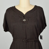 XXL 1950s Dress Belted Brown Volup Short Sleeve Cocktail Party