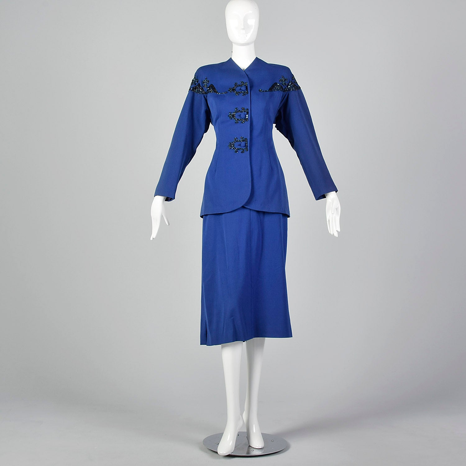 Small 1940s Royal Blue Beaded Skirt Suit