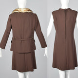 1960s Brown Wool Dress with Muskrat Fur Lined Jacket