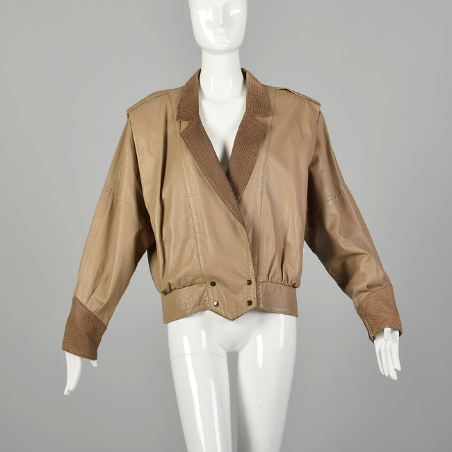 Small 1980s Oversized Leather Jacket with Batwing Sleeves