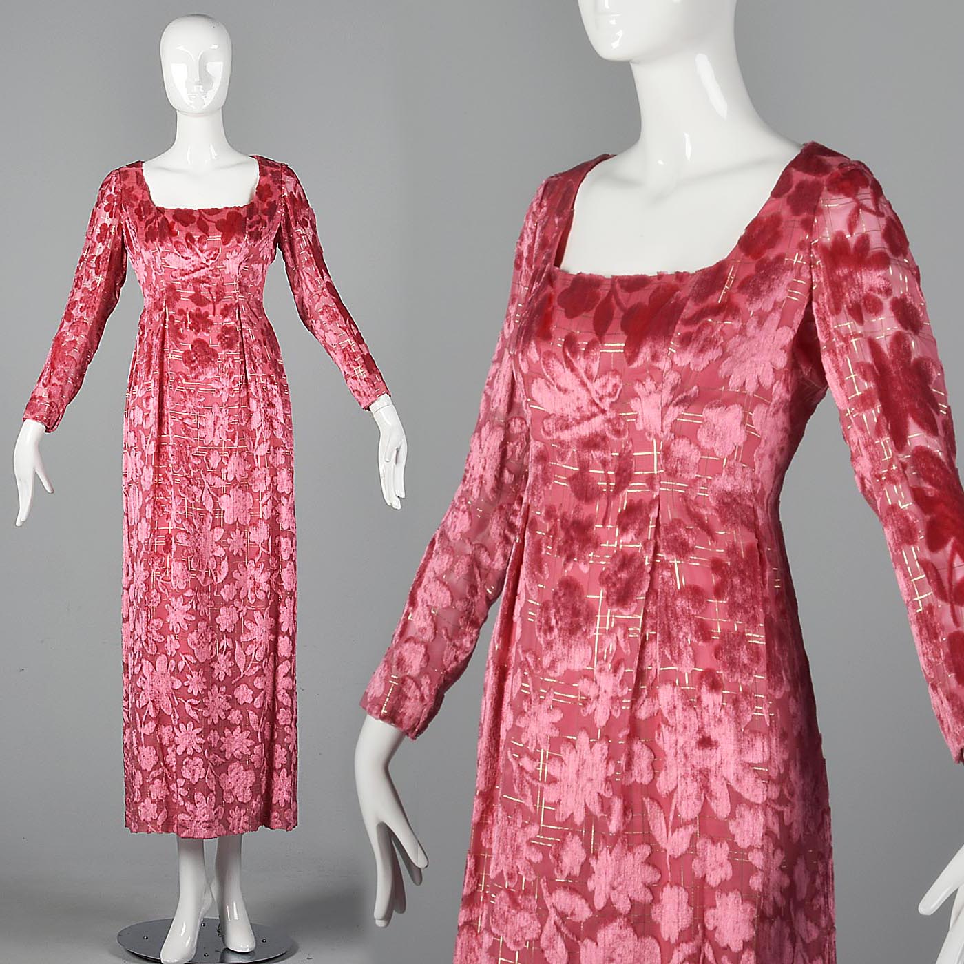 1970s Richilene Pink Burnout Velvet Empire Waist Evening Dress