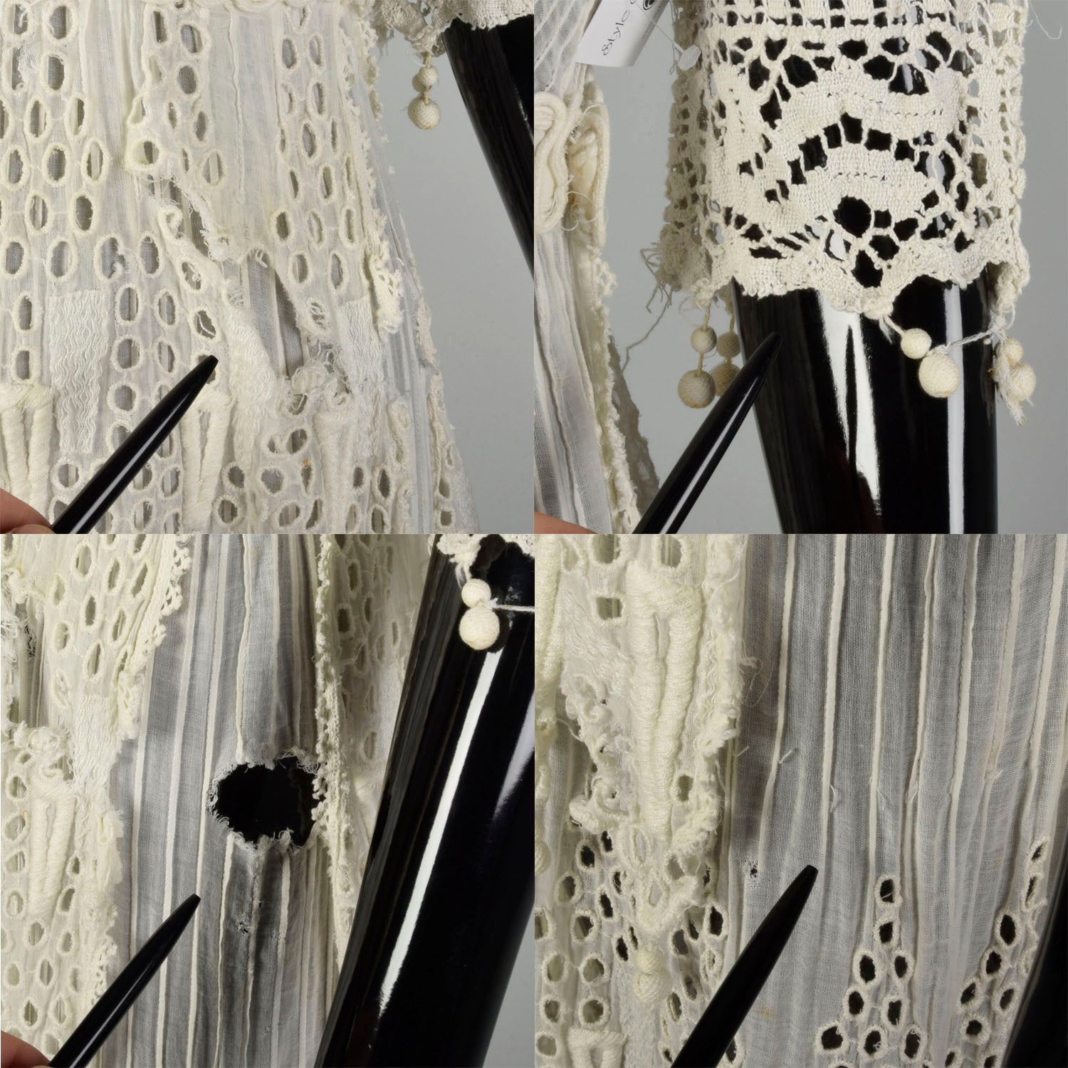 XS 1910s Cotton Lace Dress Pom Pom Fringe Cotton Lace Gauze Style & Salvage XS 1910s Cotton Lace Dress Pom Pom Fringe Cotton Lace Gauze Style & Salvage