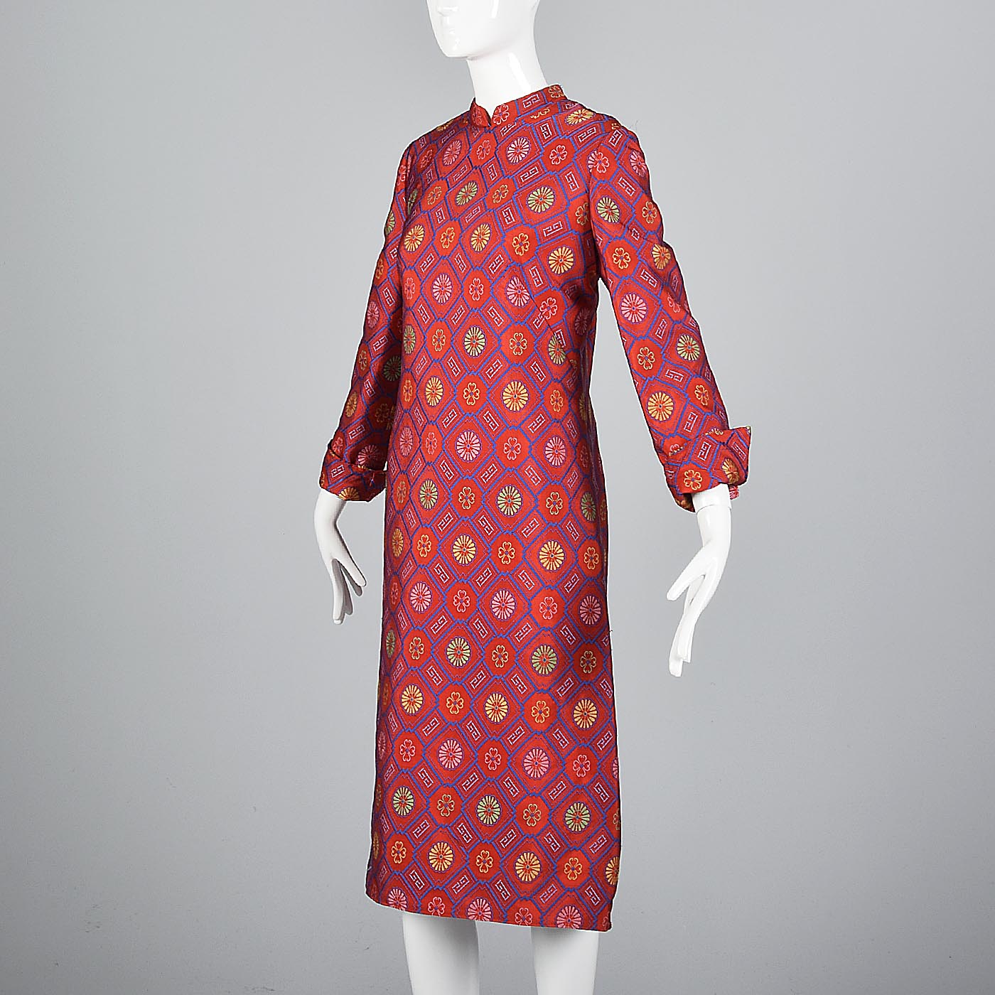 1970s Adele Simpson Red Silk Brocade Dress