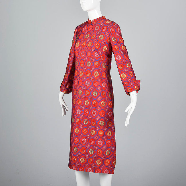 1970s Adele Simpson Red Silk Brocade Dress