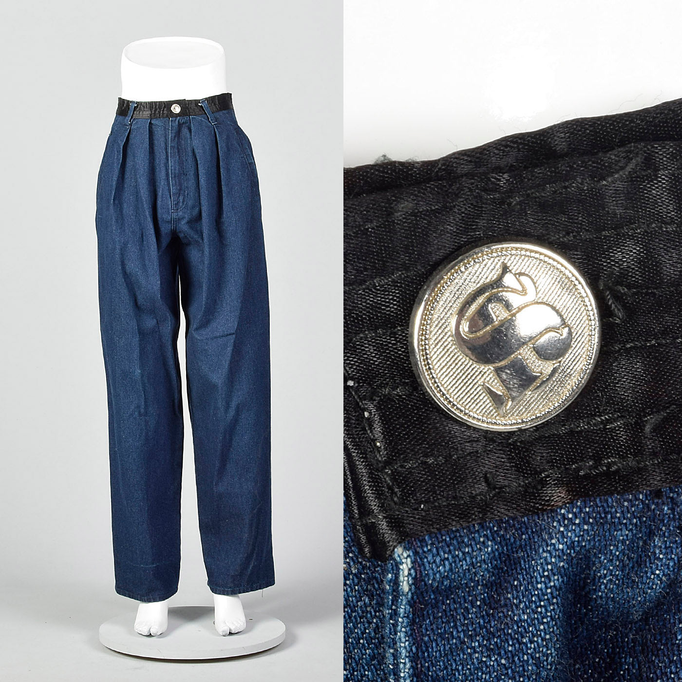1990s Sonia Rykiel Pleated Jeans with Black Satin Waistband