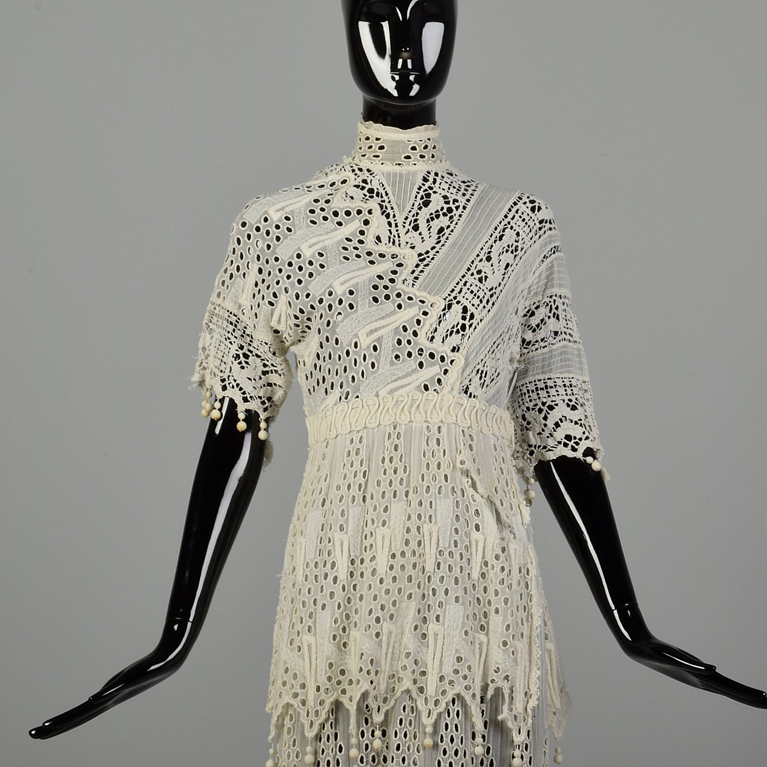 XS 1910s Cotton Lace Dress Pom Pom Fringe Cotton Lace Gauze