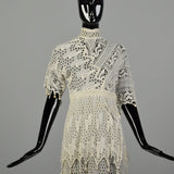 XS 1910s Cotton Lace Dress Pom Pom Fringe Cotton Lace Gauze