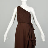 XS 1980s Morton Myles Brown Asymmetric One-Shoulder Maxi Dress