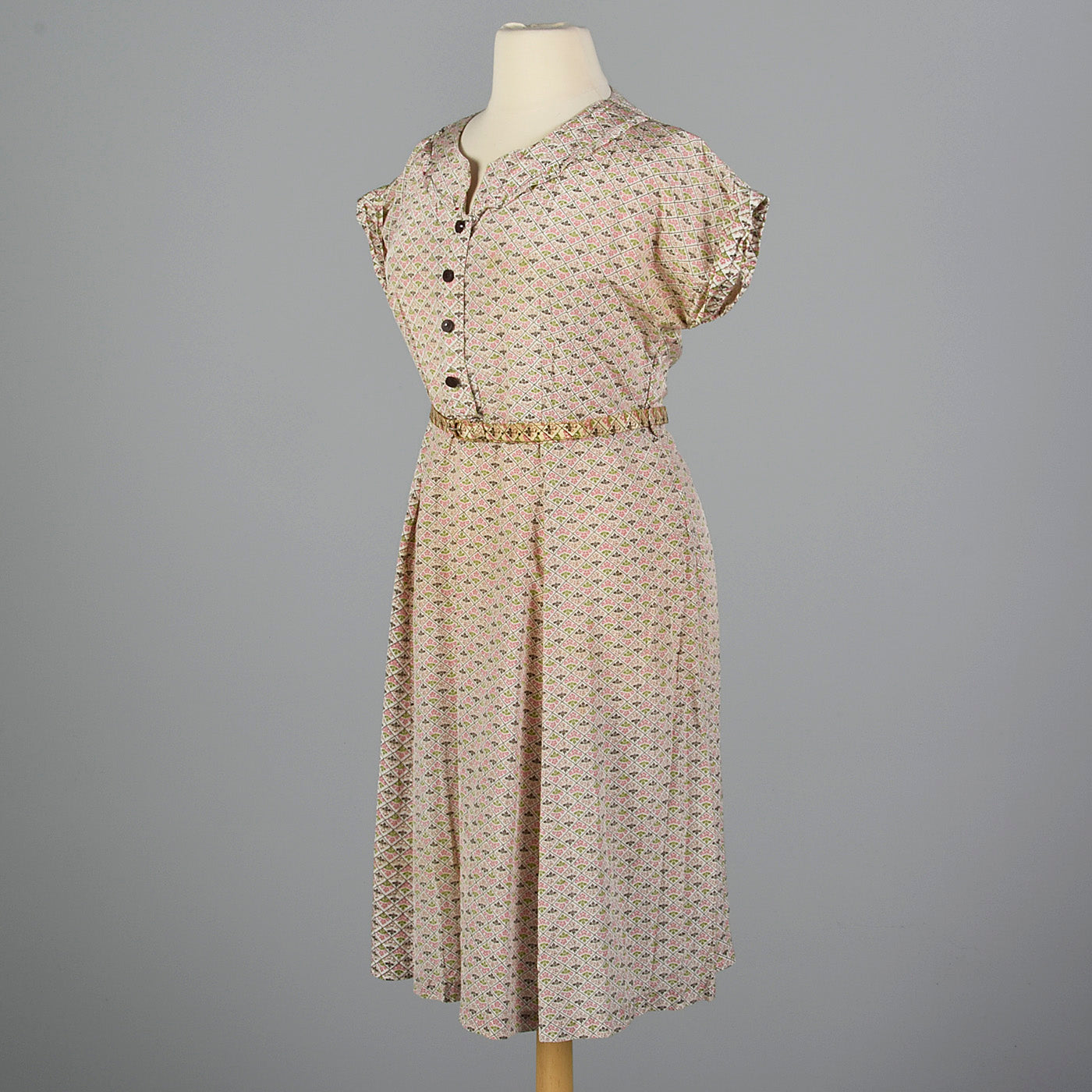 1950s Pink and Green Rayon Print Dress