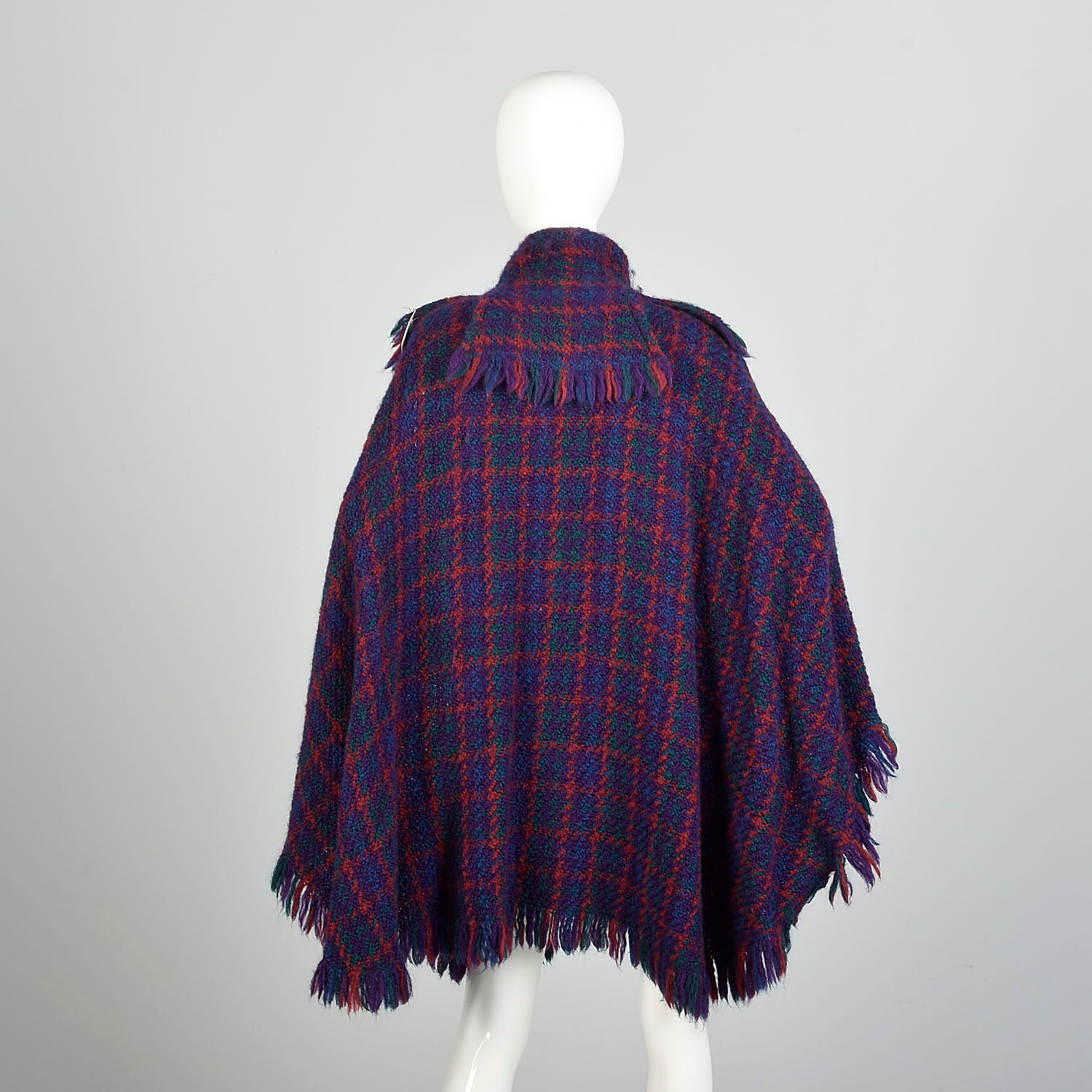 OSFM 1980s Purple Blue Green Red Plaid Wool Poncho Long Cape Woven Textile Jewel Tone Wrap