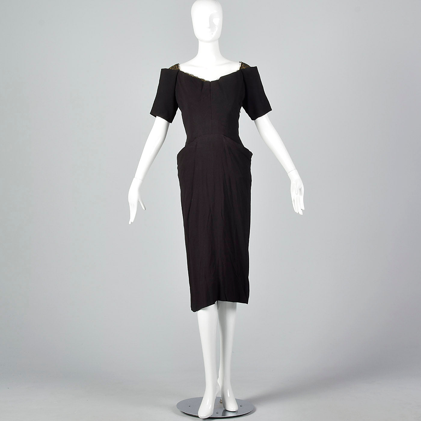 1940s Black Rayon Dress with Gold Trim
