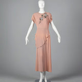 1940s Peach Crepe Gown with Floral Beaded Bodice