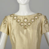 Medium 1960s Beaded Ivory Gold Shift Dress