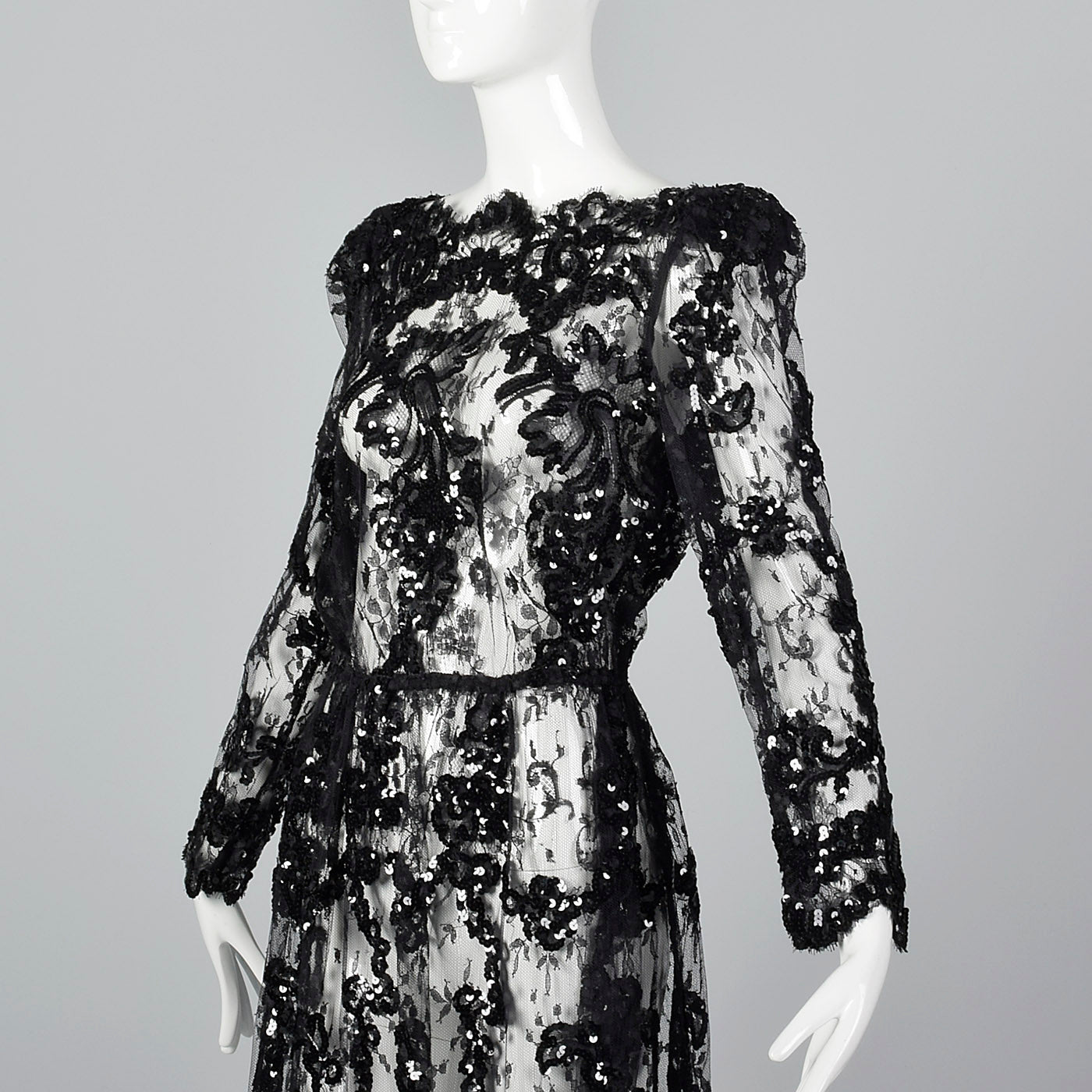 1980s Sheer Black Lace Dress with Sequins & Scalloped Hem