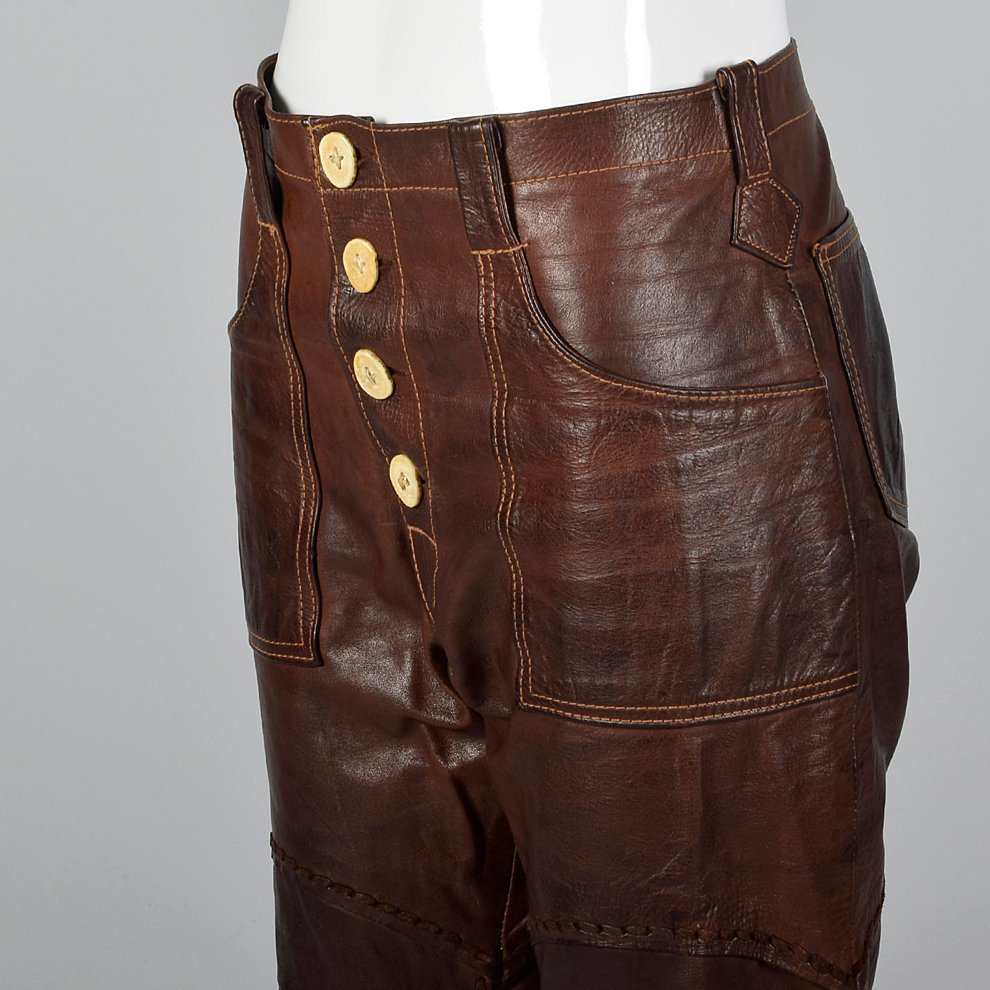 1970s Brown Leather Pants with Antler Buttons