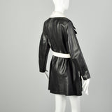 Medium 1970s Leather Trench Coat Black Mod White Huge Lapel Two Tone Jacket