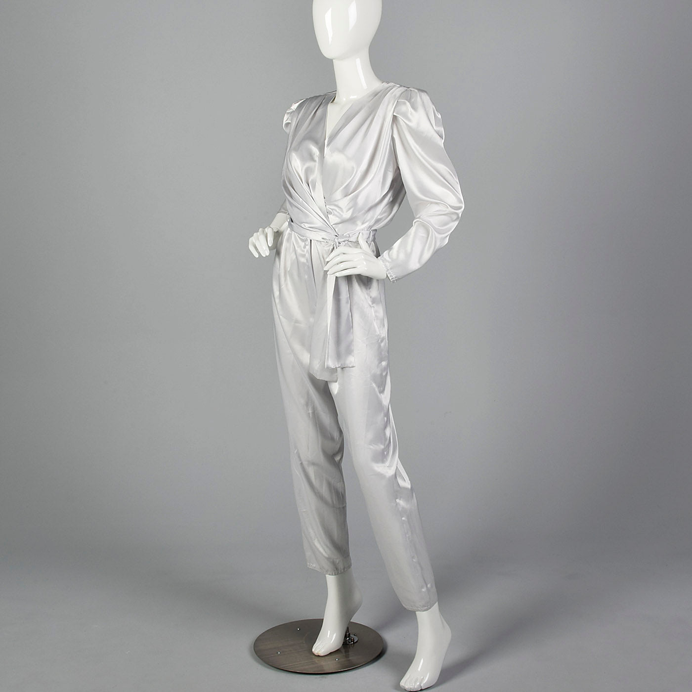 1980s Silky Silver Jumpsuit with Sash Belt