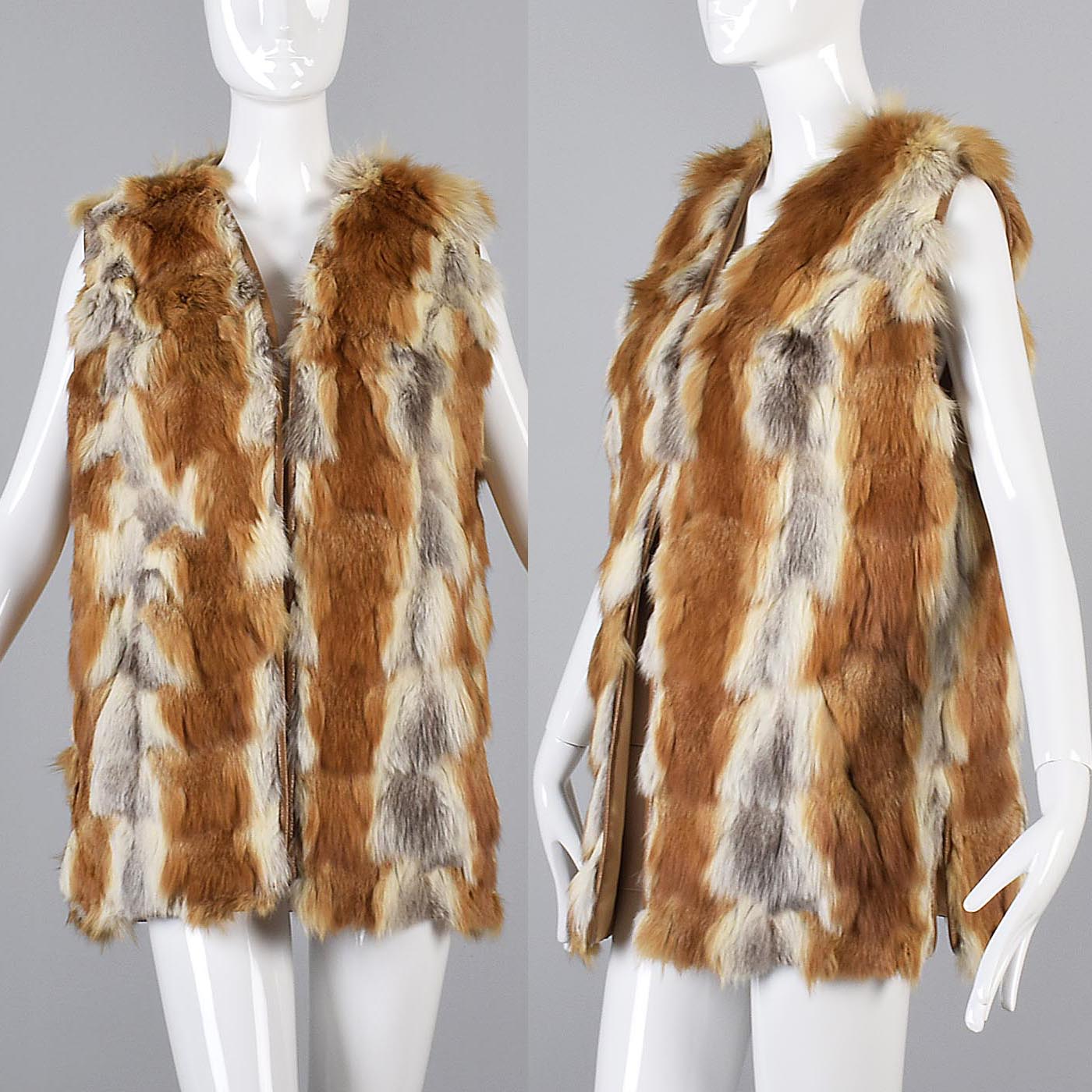 1970s Red Fox Fur Vest with Leather Trim