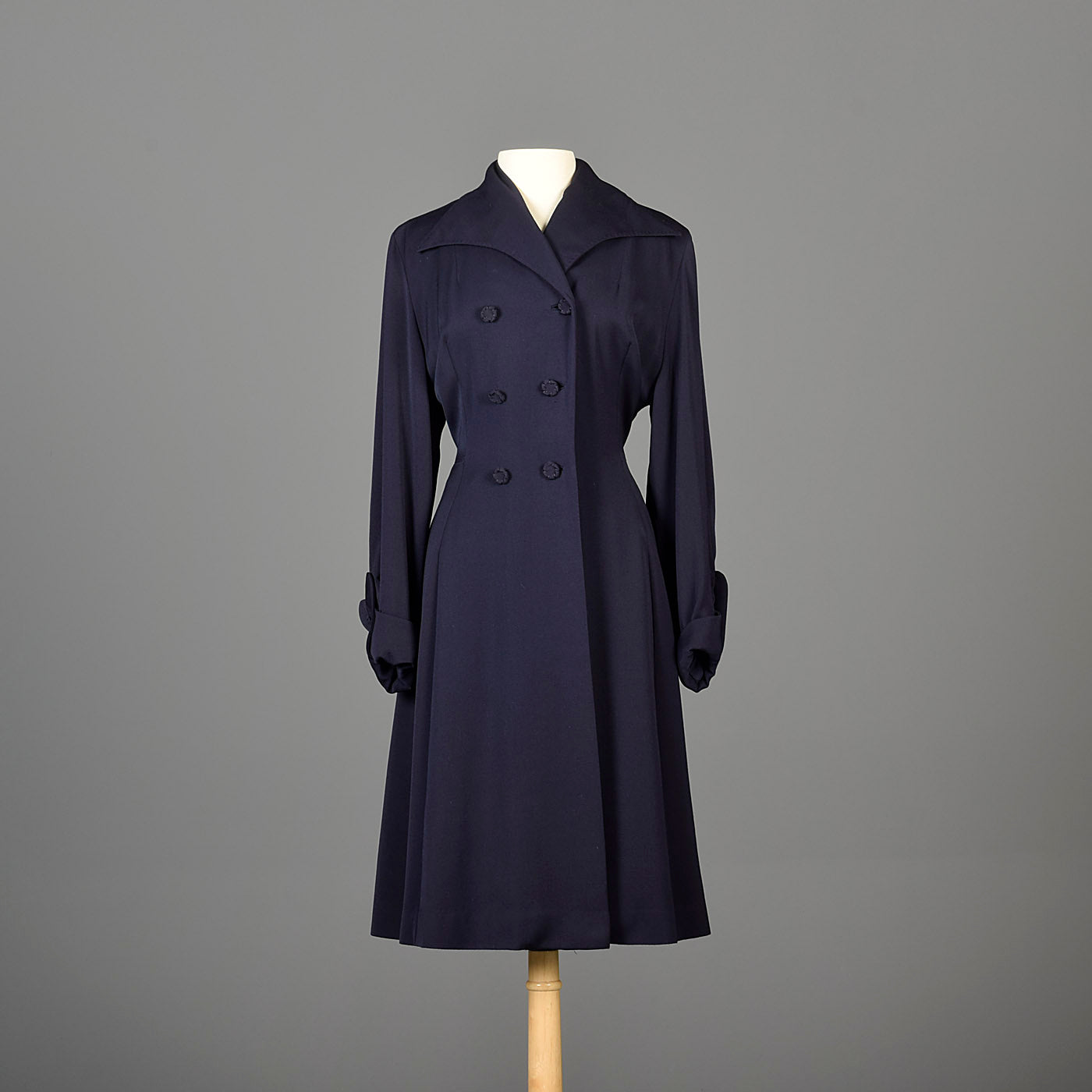 1950s Blue Gabardine Hourglass Princess Coat with Full Sleeves