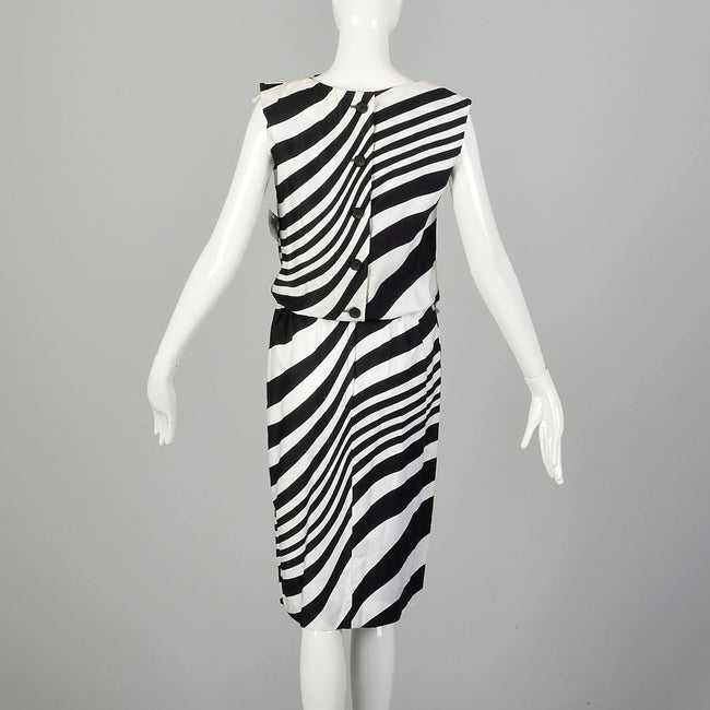 Small 1960s L'Aiglon Dress Black and White Striped Op Art Blouson Sleeveless Summer