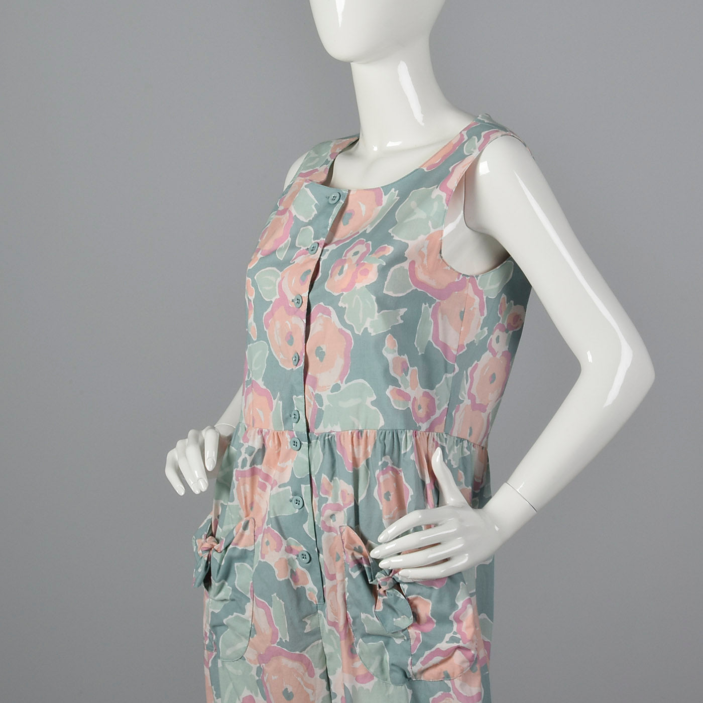 1980s Sage Green Jumpsuit with Pastel Floral Print