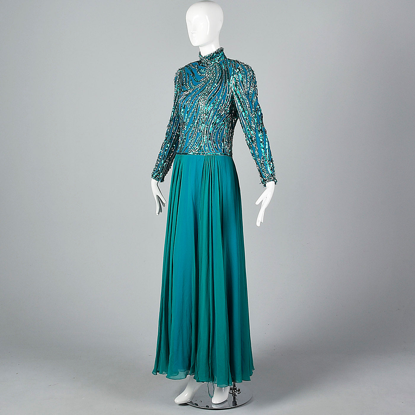 Sequined Bob Mackie Gown with a Layered Silk Chiffon Skirt