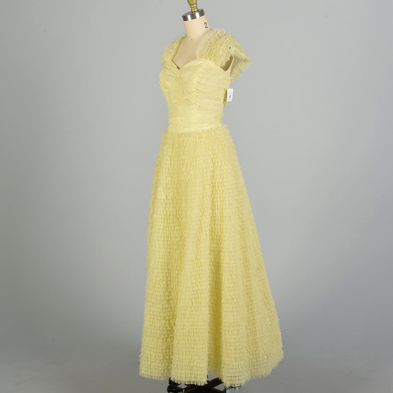 Small 1950s Creamy Yellow Formal Dress Evening Gown Full Length Layered Ruffle Wedding Prom