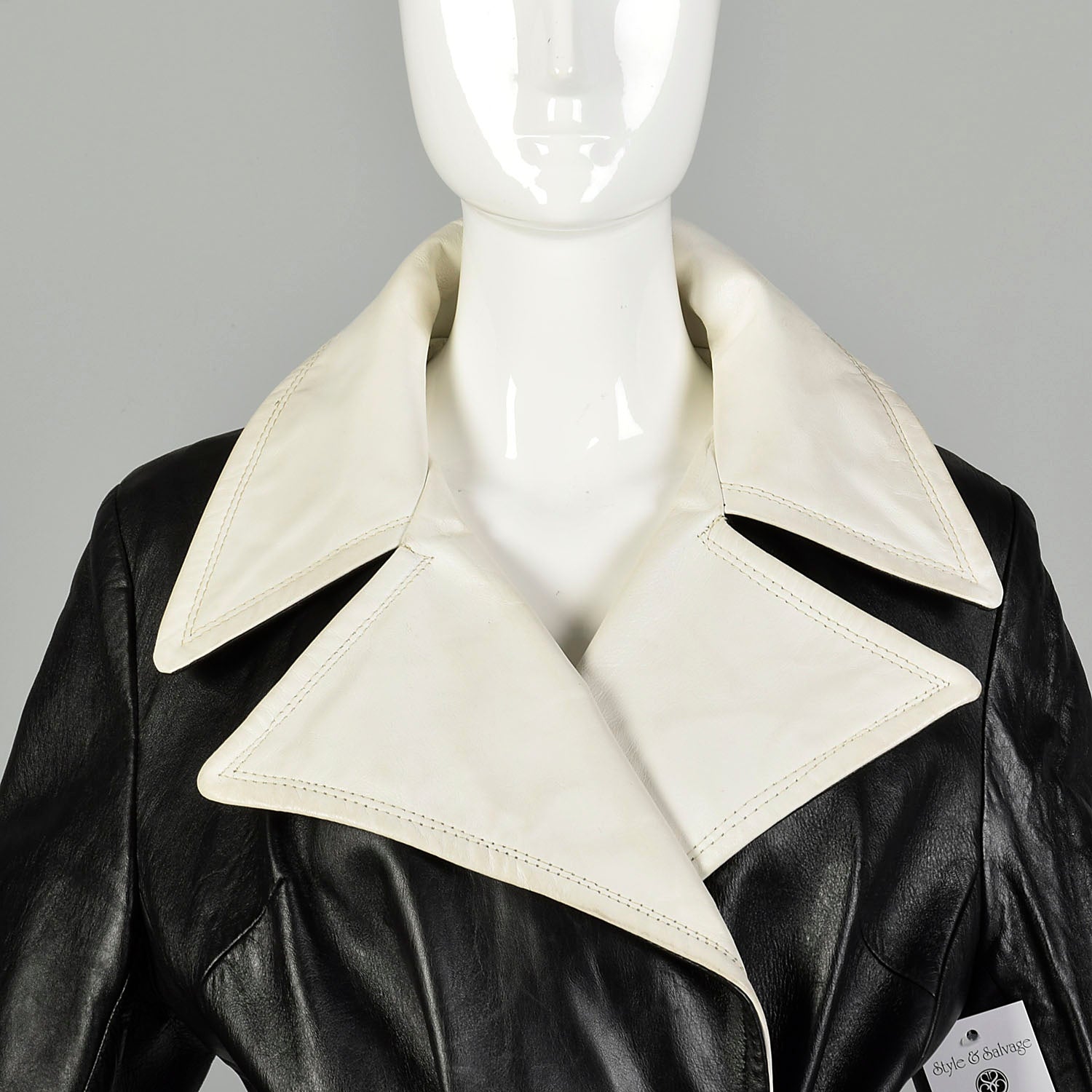 Medium 1970s Leather Trench Coat Black Mod White Huge Lapel Two Tone Jacket