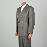 42L 1940s 2pc Suit Grey Herringbone Twill Double Breasted Peak Lapel