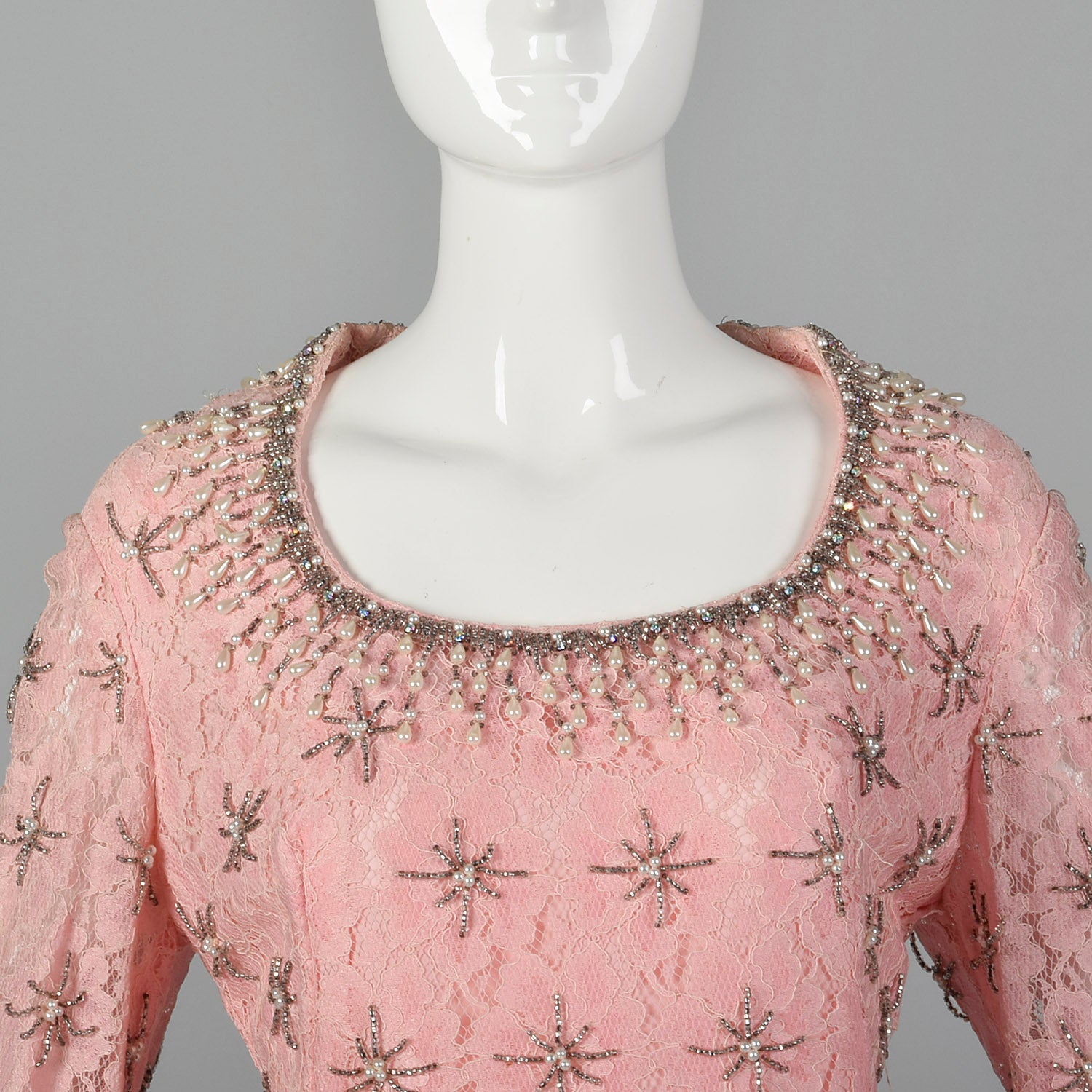 1960s Valentina Pink Lace Beaded Dress