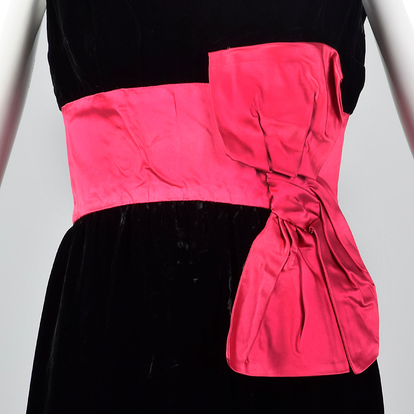 1960s Black Velvet Dress with Pink Cummerbund Waist