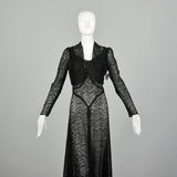 Medium 1930s Sheer Black Lace Dress Glamorous Old Hollywood