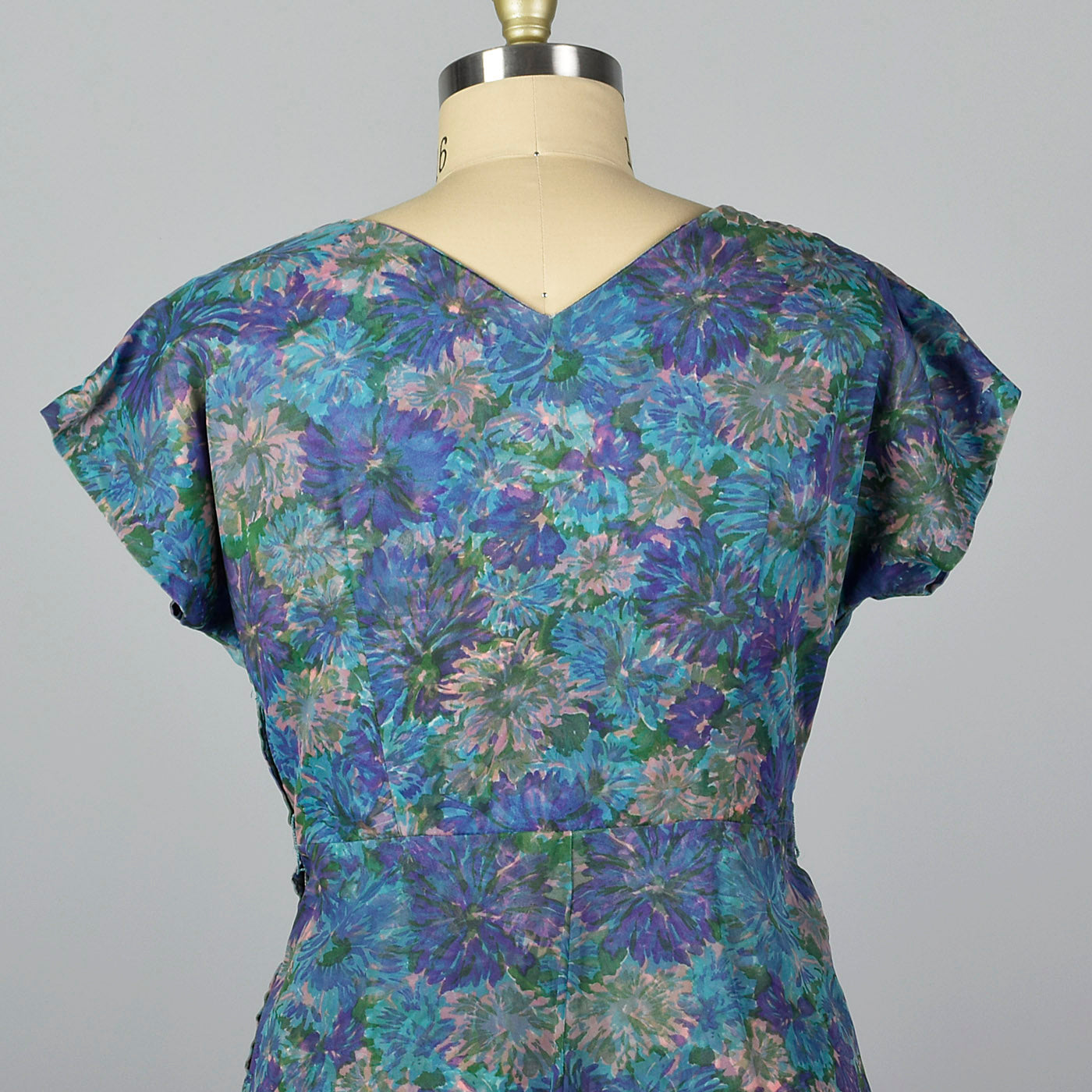 1950s Blue Floral Print Dress with Chiffon Overlay