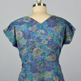 1950s Blue Floral Print Dress with Chiffon Overlay