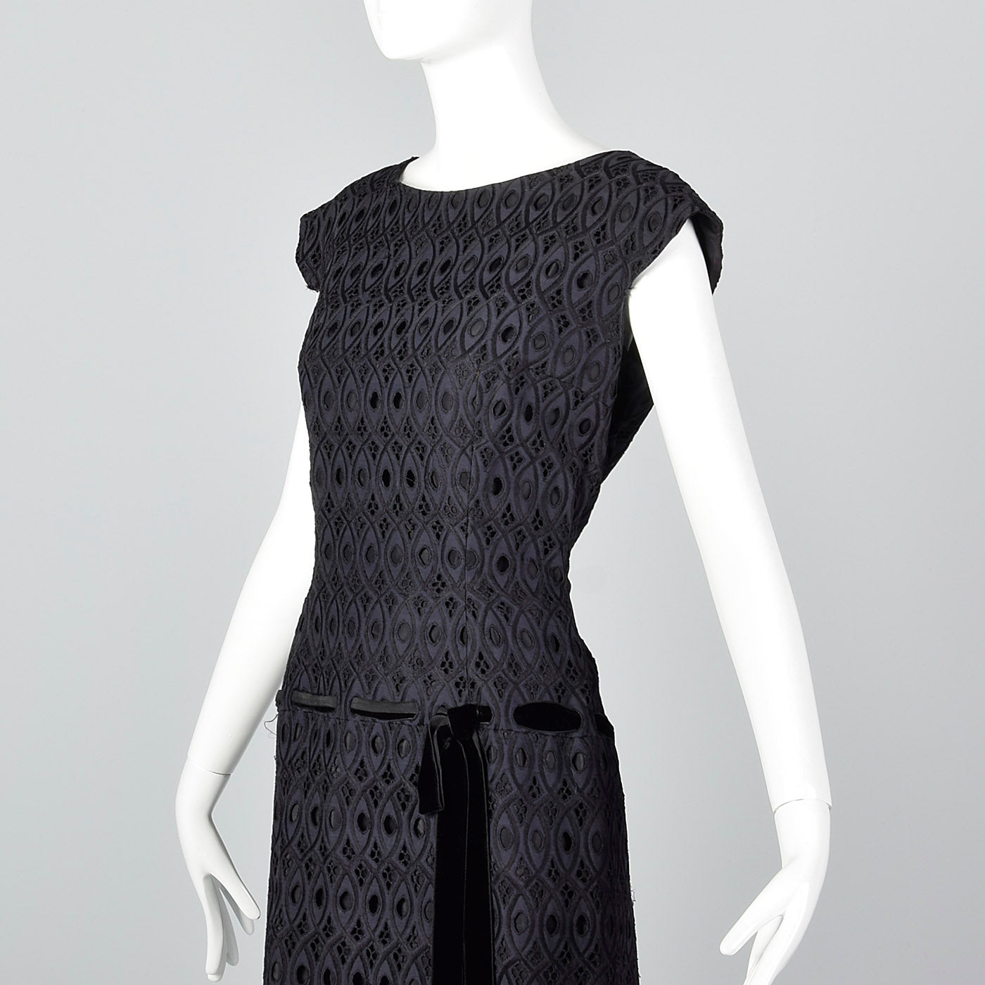 1950s Navy and Black Eyelet Dress with Drop Waist Illusion
