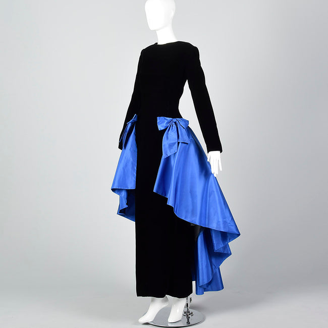 Pilar Rossi Unique Black Velvet Gown with Dramatic Blue Taffeta Peplum