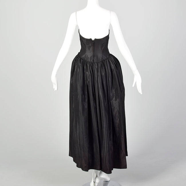 XXS 1940s Black Taffeta Evening Gown Formal Party Dress with Panniers and Rhinestone Studded Bodice