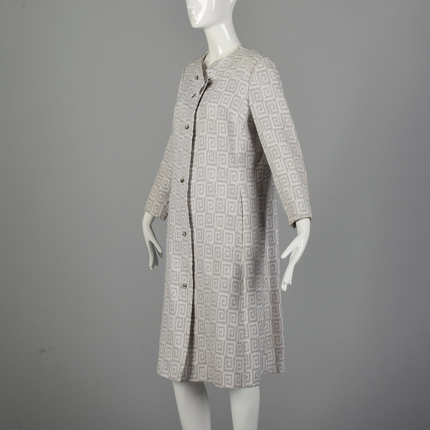 Medium 1960s Gray and White Greek Key Dress Coat