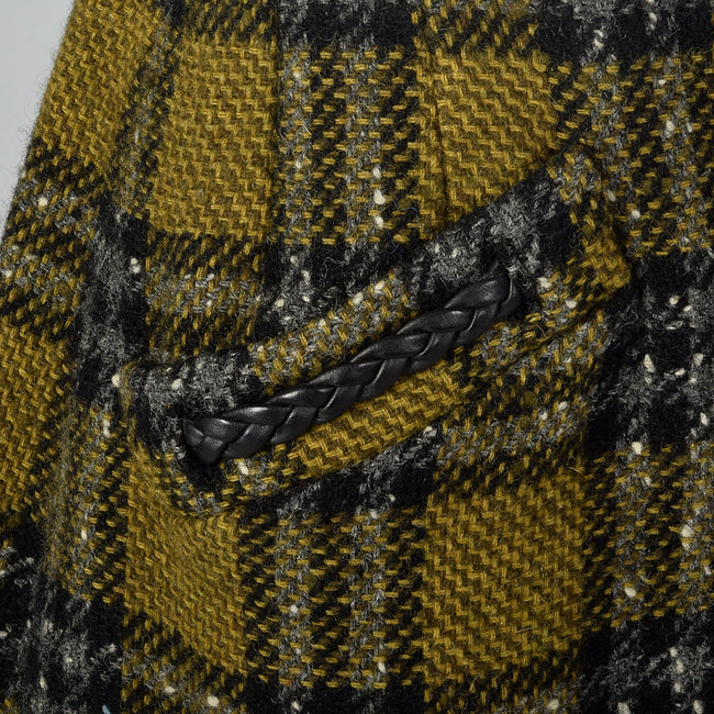 1950s Plaid Tweed Skirt with Leather Braid Trim Pocket
