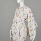 White Cotton 1970s Kimono Floral Seersucker Robe Long Sleeve
