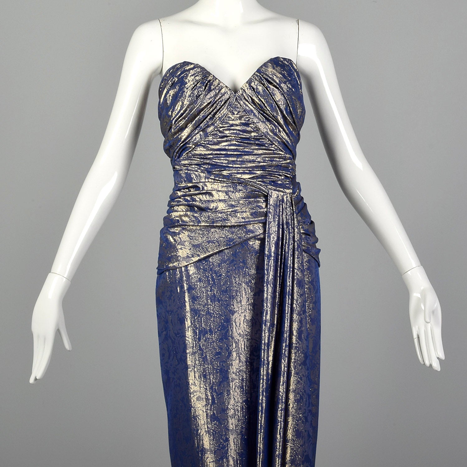XS Blue & Gold Lamé Gown 1970s Strapless Sweetheart Neckline