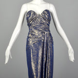 XS Blue & Gold Lamé Gown 1970s Strapless Sweetheart Neckline