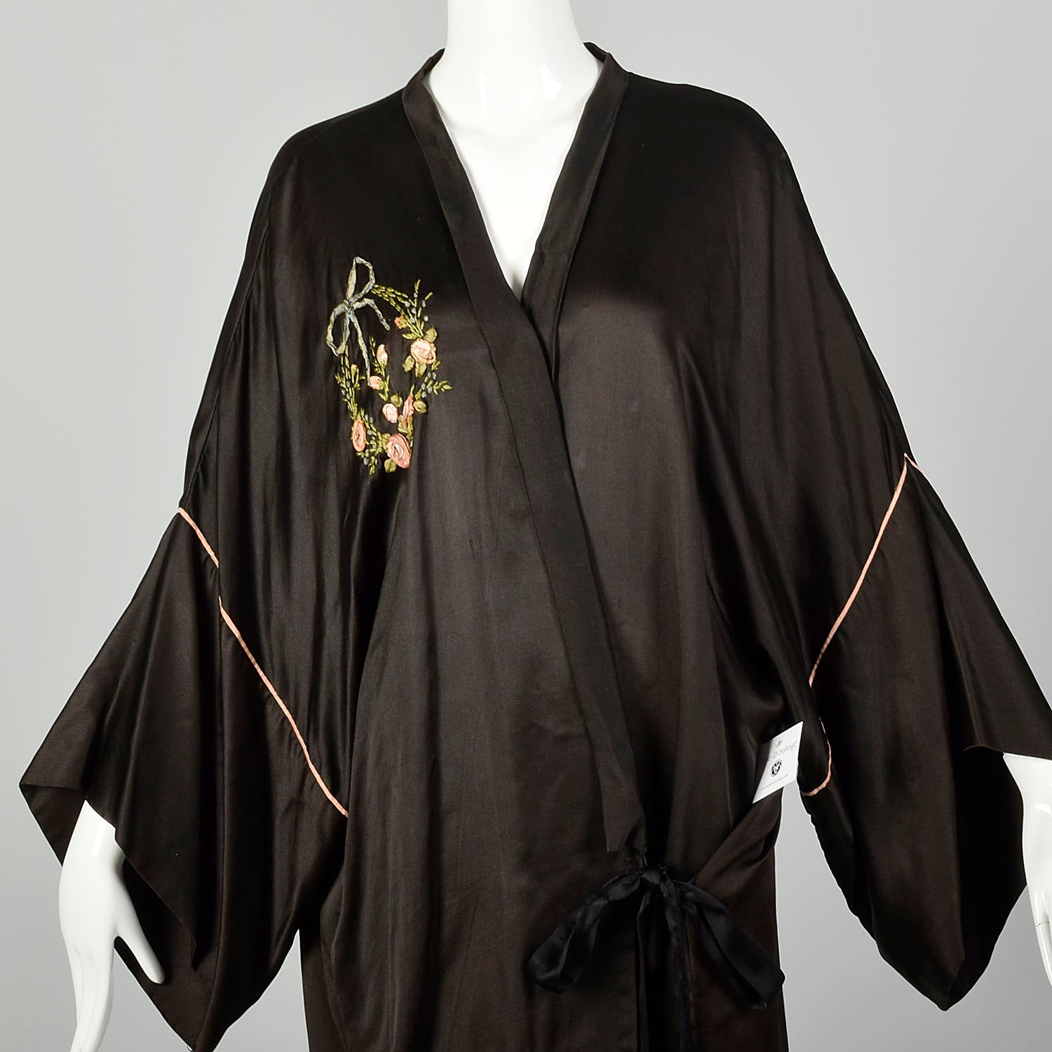 1920s Black Silk Dressing Gown Floral Wreath Appliqués