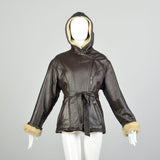 Small 2000s Beige Faux Shearling Lined Brown Leather Jacket Hooded Zip Front Biker Coat