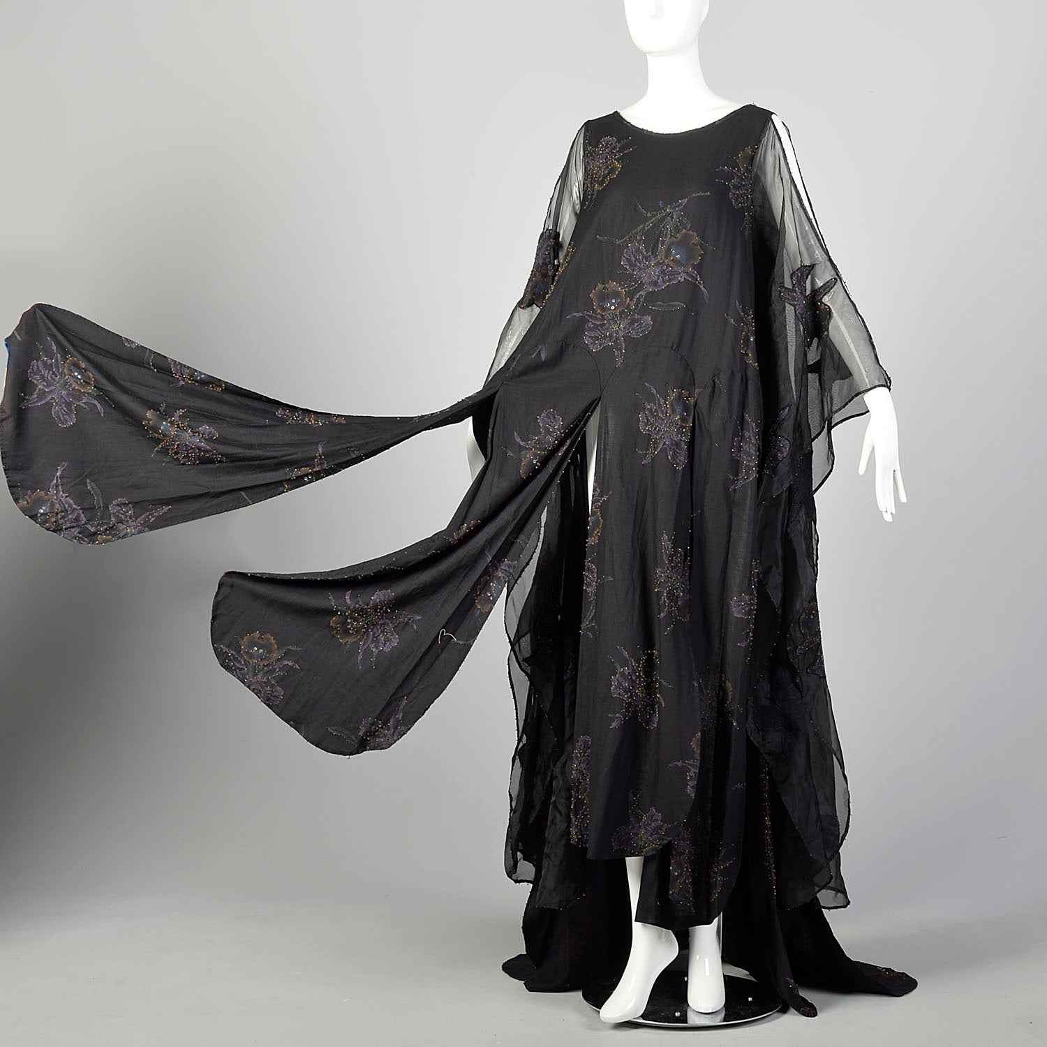 OSFM 1990s Dramatic Flowy Gothic Gown Kaftan Dress Kimono Sleeve Car Wash Beaded Hem